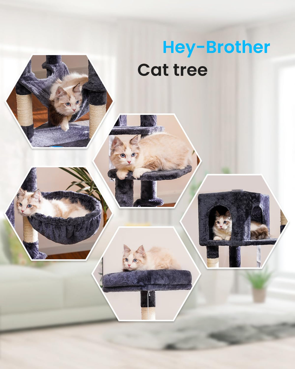 Hey-brother cat tree sisal posts close-up highlights claw-sharpening option.