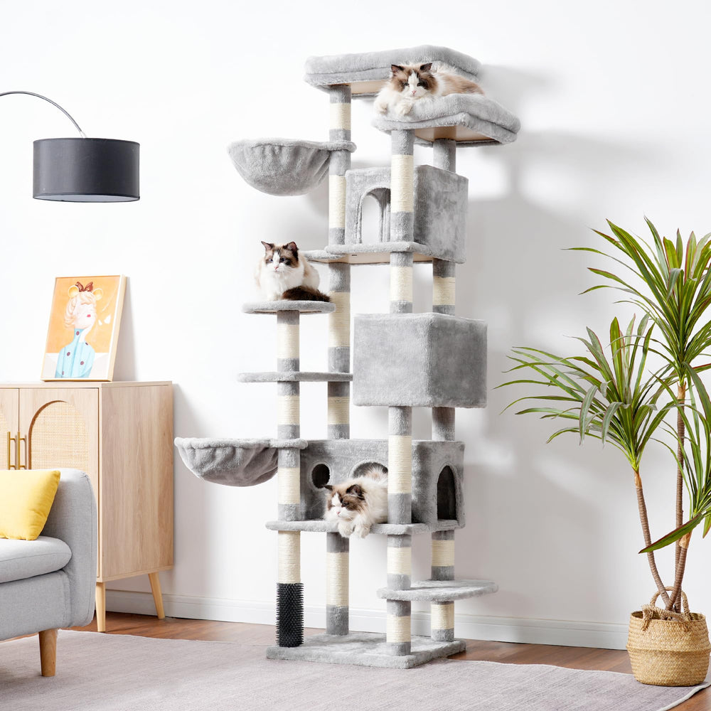 Hey-brother cat tree three condos offer spacious sleeping and nesting options.