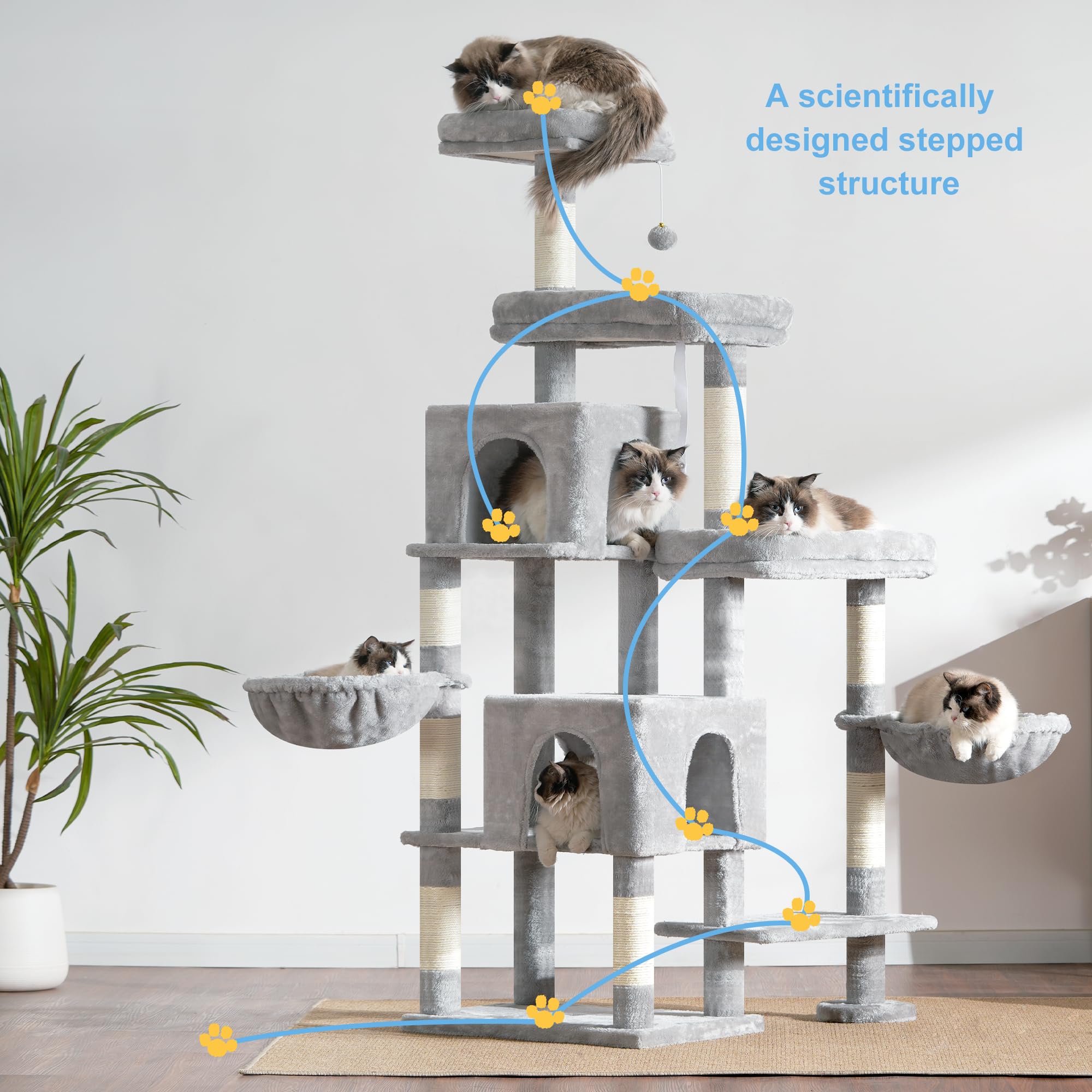 Hey-brother cat tree tower reaches seventy inches for commanding room presence.