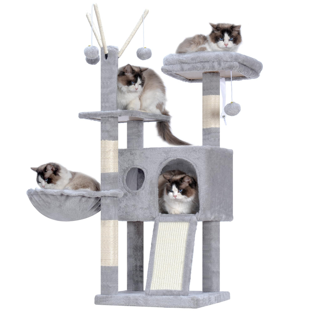 Hey-brother cat tree tower angled view shows multi-level play space for kittens