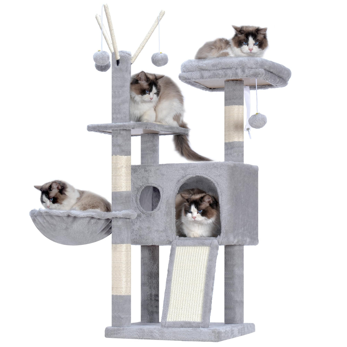 Hey-brother cat tree tower angled view shows multi-level play space for kittens
