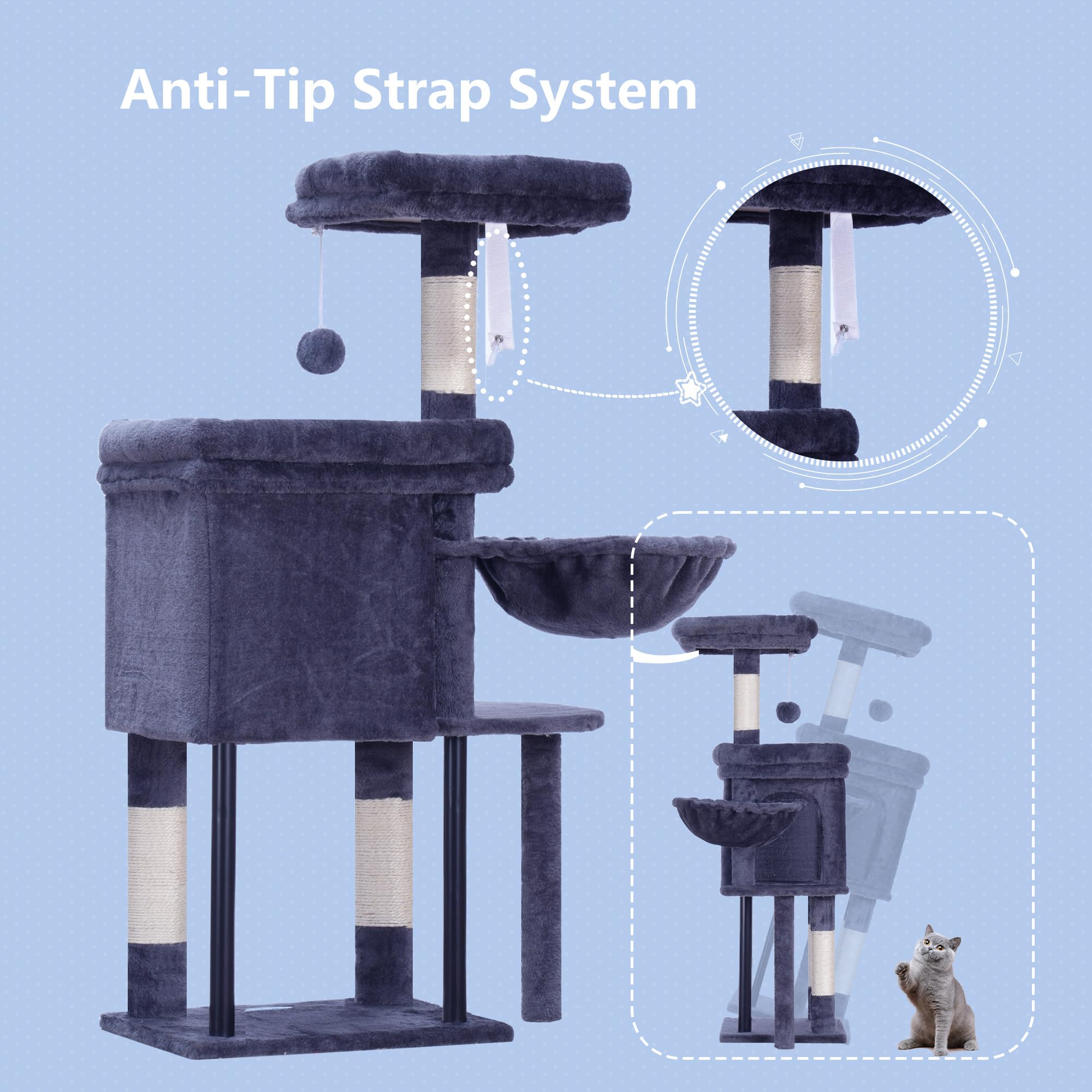 Hey-brother cat tree tower anti-tip feature enhances stability during play.