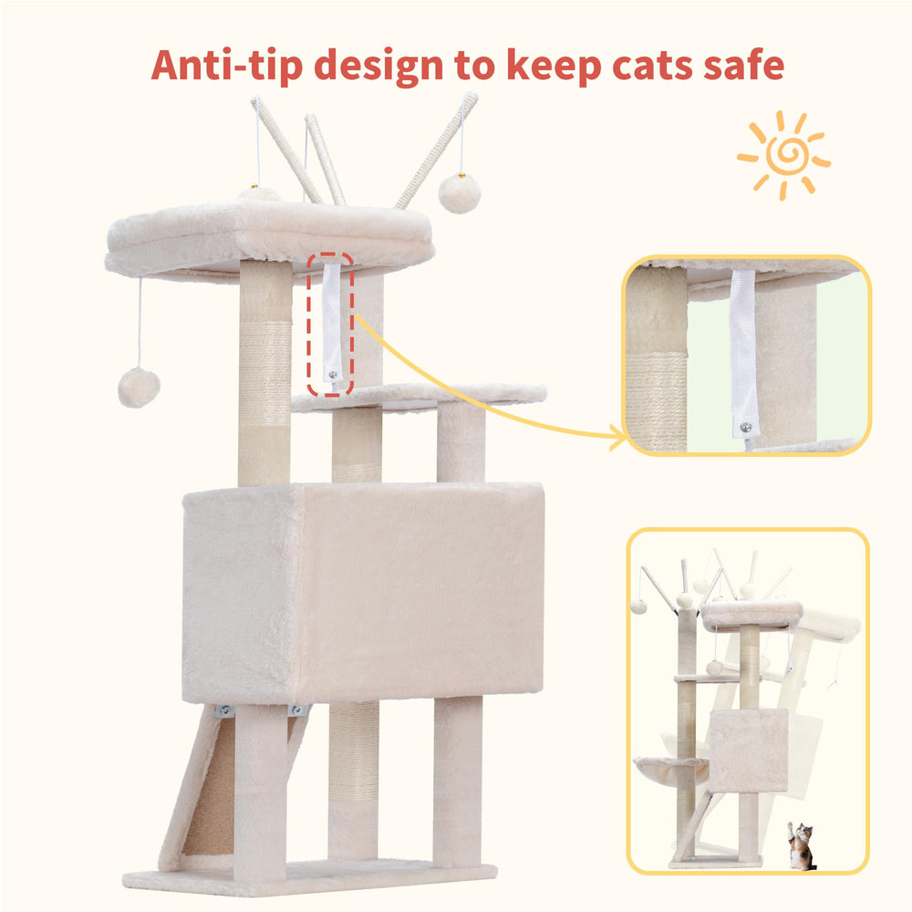 Hey-brother cat tree tower beige finish complements interior decor.