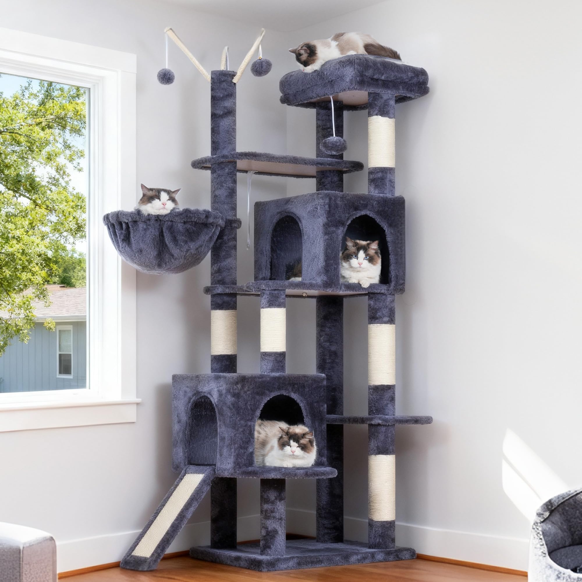 Hey-brother Cat Tree Tower full-assembly shot for quick setup and interactive play.