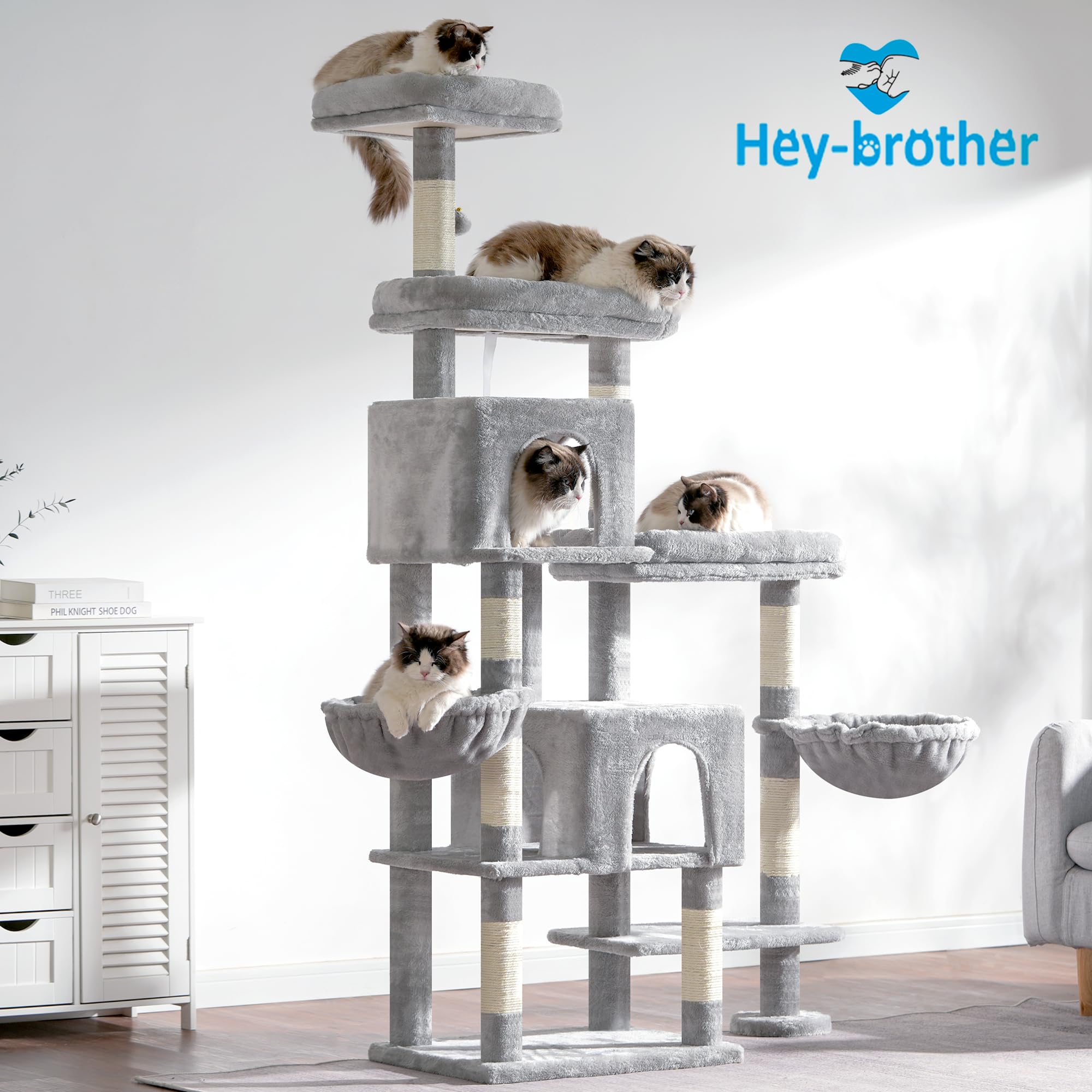 Hey-brother cat tree tower light gray finish blends with modern interiors.