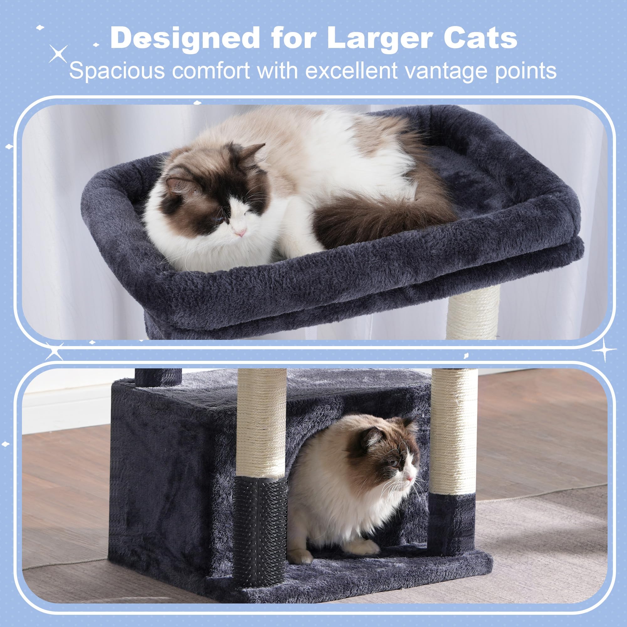 Hey-brother cat tree tower pedal system assists kittens and seniors.