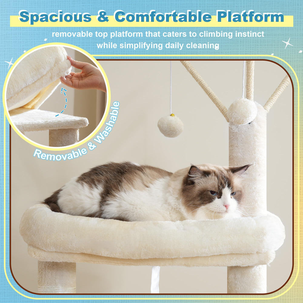 Hey-brother cat tree tower has a plush hammock for relaxing moments.