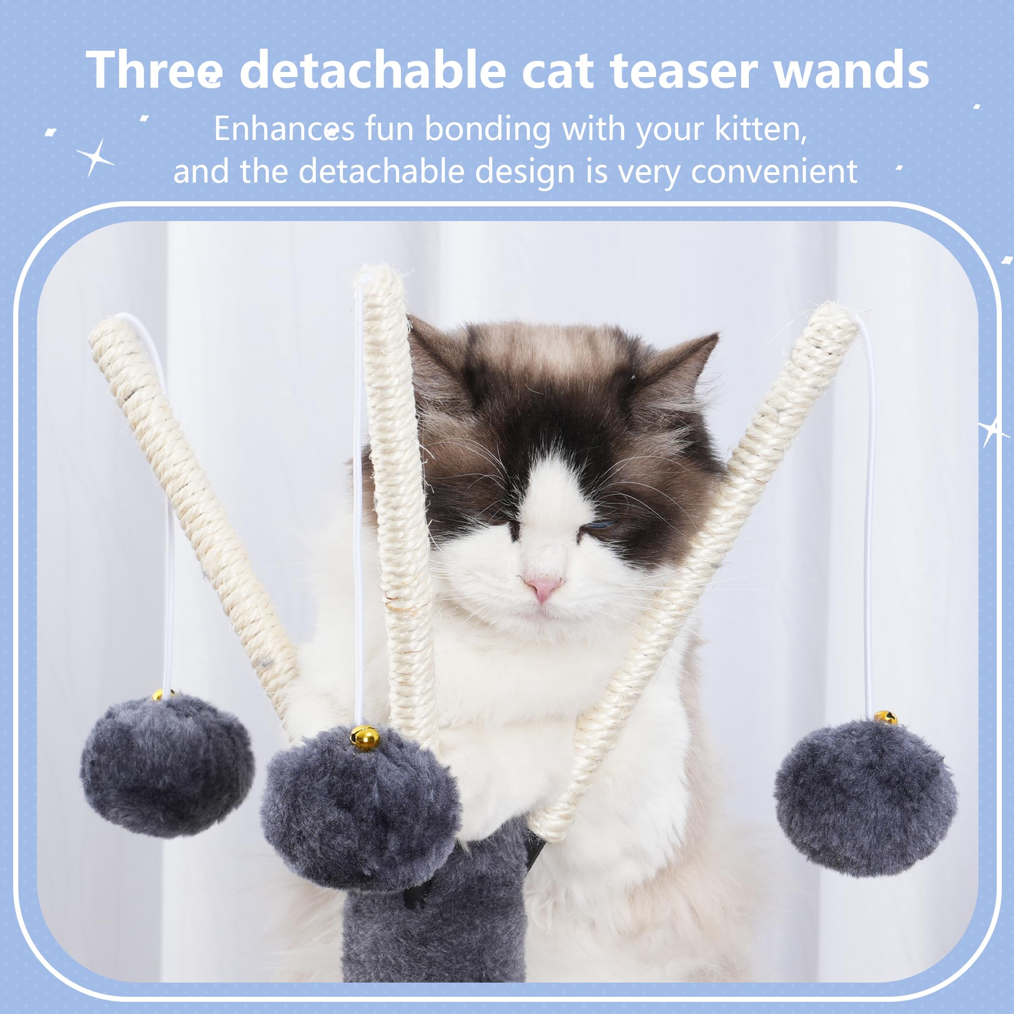 Hey-brother Cat Tree Tower removable teaser wands enable interactive solo play.