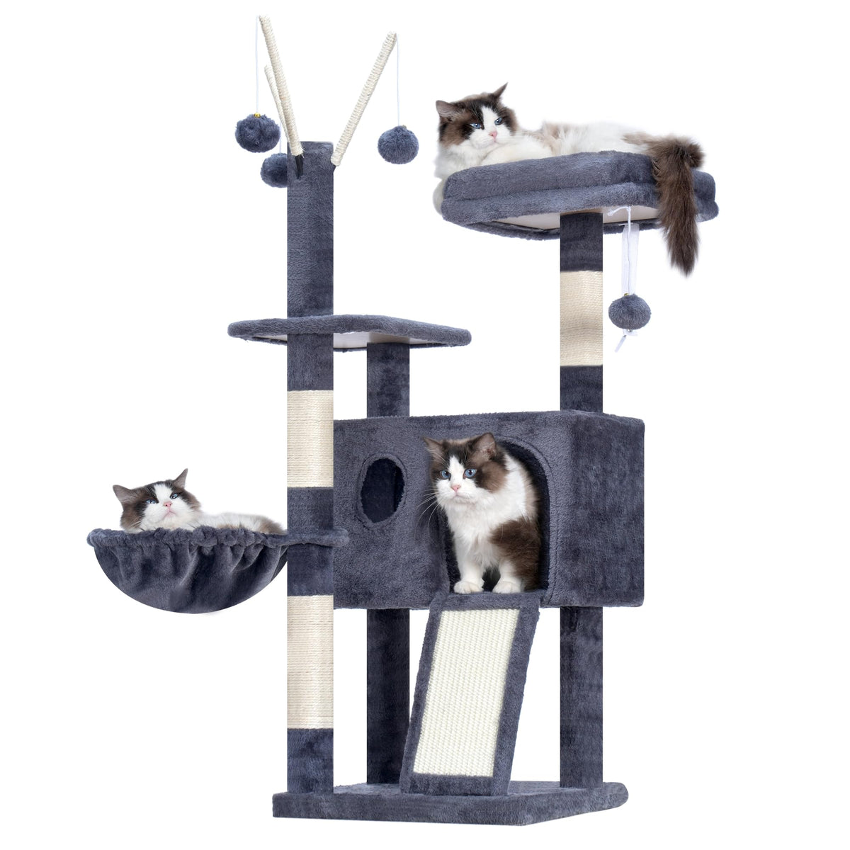 Hey-brother Cat Tree Tower side view highlights multi-level play and space-saving footprint.