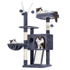 Hey-brother Cat Tree Tower side view highlights multi-level play and space-saving footprint.