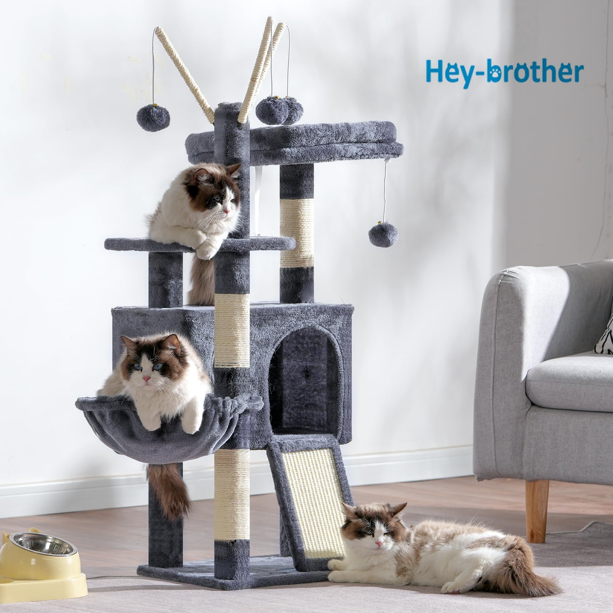 Hey-brother Cat Tree Tower sisal scratch board supports natural scratching behavior.