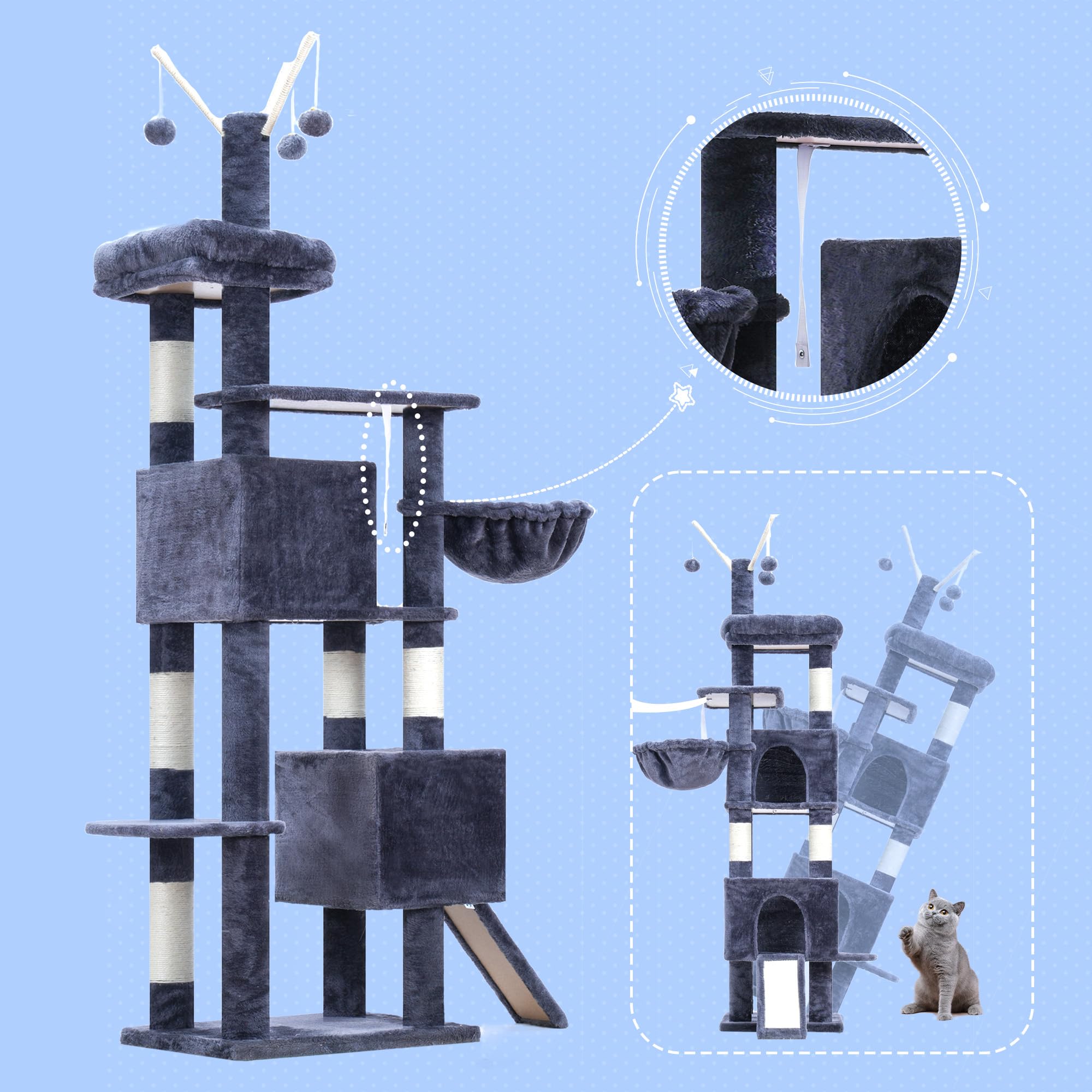 Hey-brother Cat Tree Tower smoky-gray-finish complements modern interiors.
