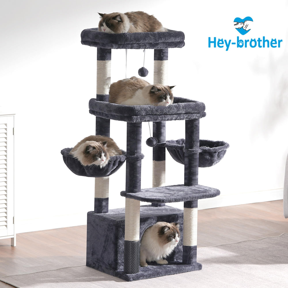 Hey-brother cat tree tower stable base prevents wobble in multi-cat use.