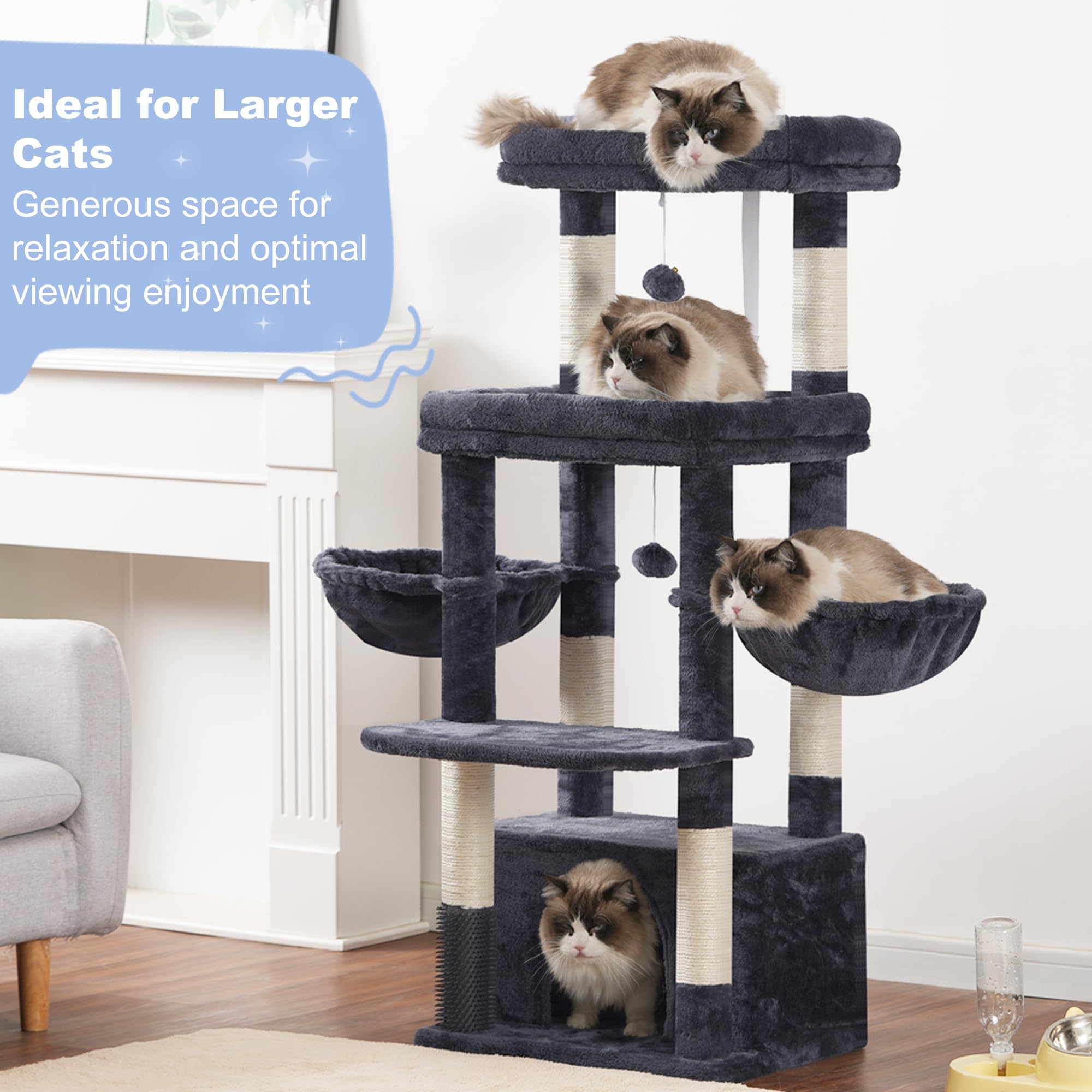 Hey-brother cat tree tower top perch offers a safe high resting spot.