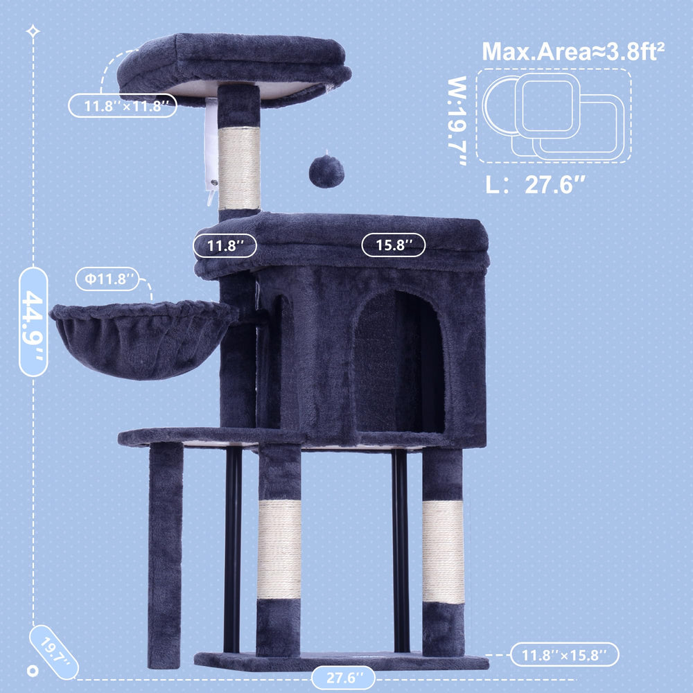 Hey-brother cat tree tower top platform with padded edge for surveying territory.