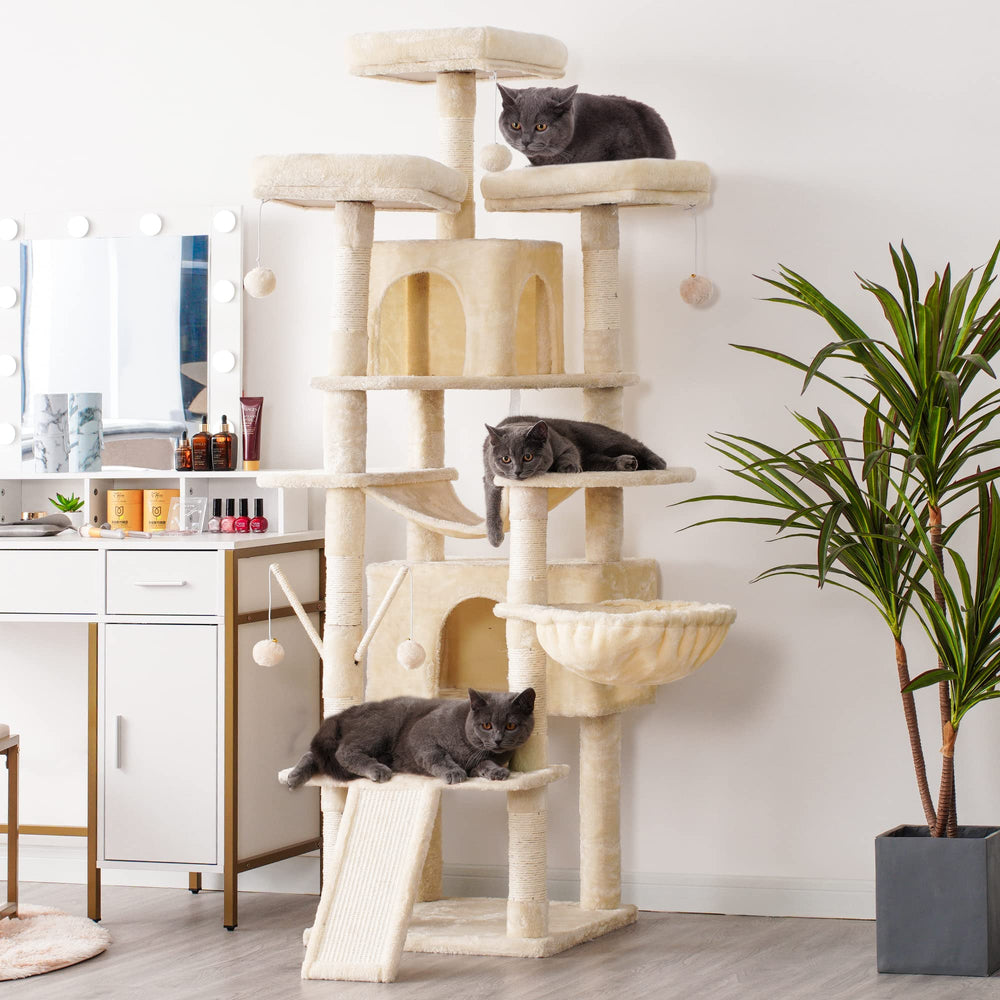 Hey-brother cat tree two hammocks invite cozy, wrapped naps.