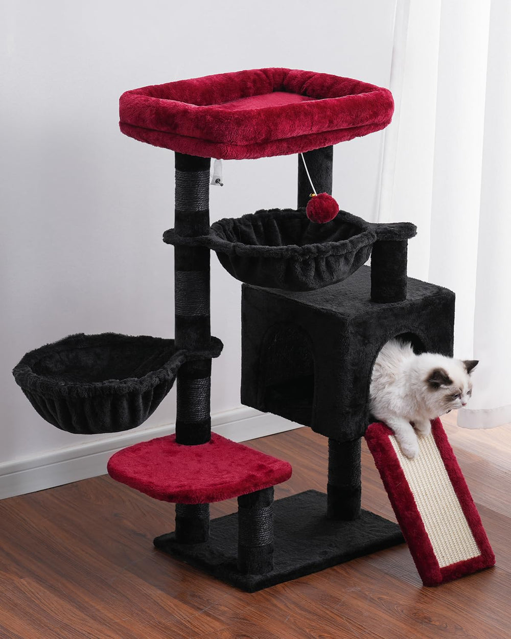 Hey-brother Gothic Cat Tree assembly visuals showing setup options.
