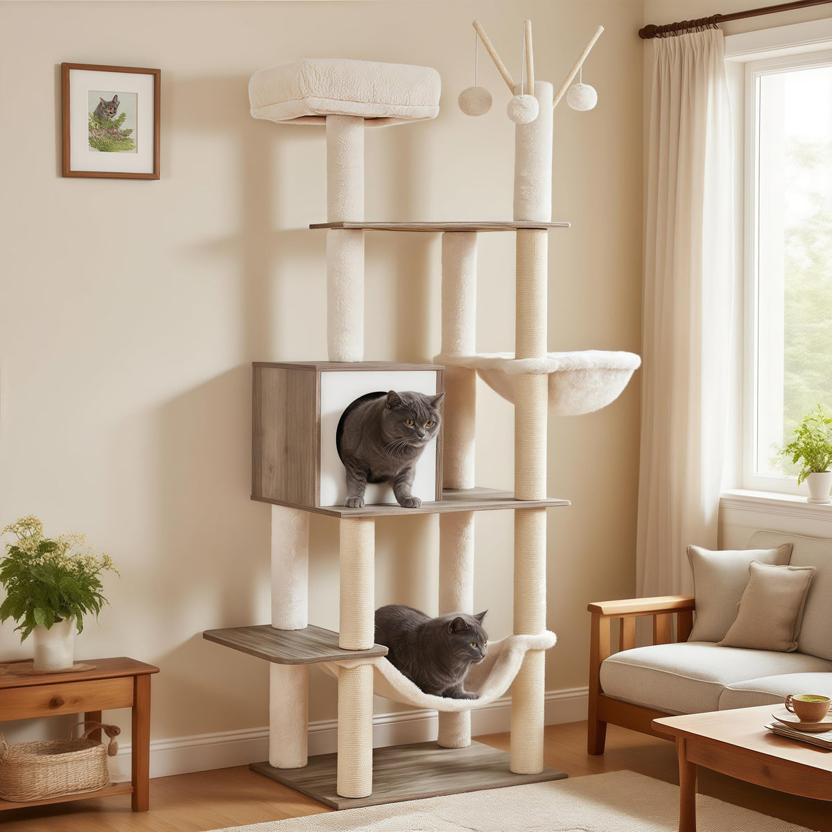 Hey-brother wooden cat tree base view with rustic gray finish