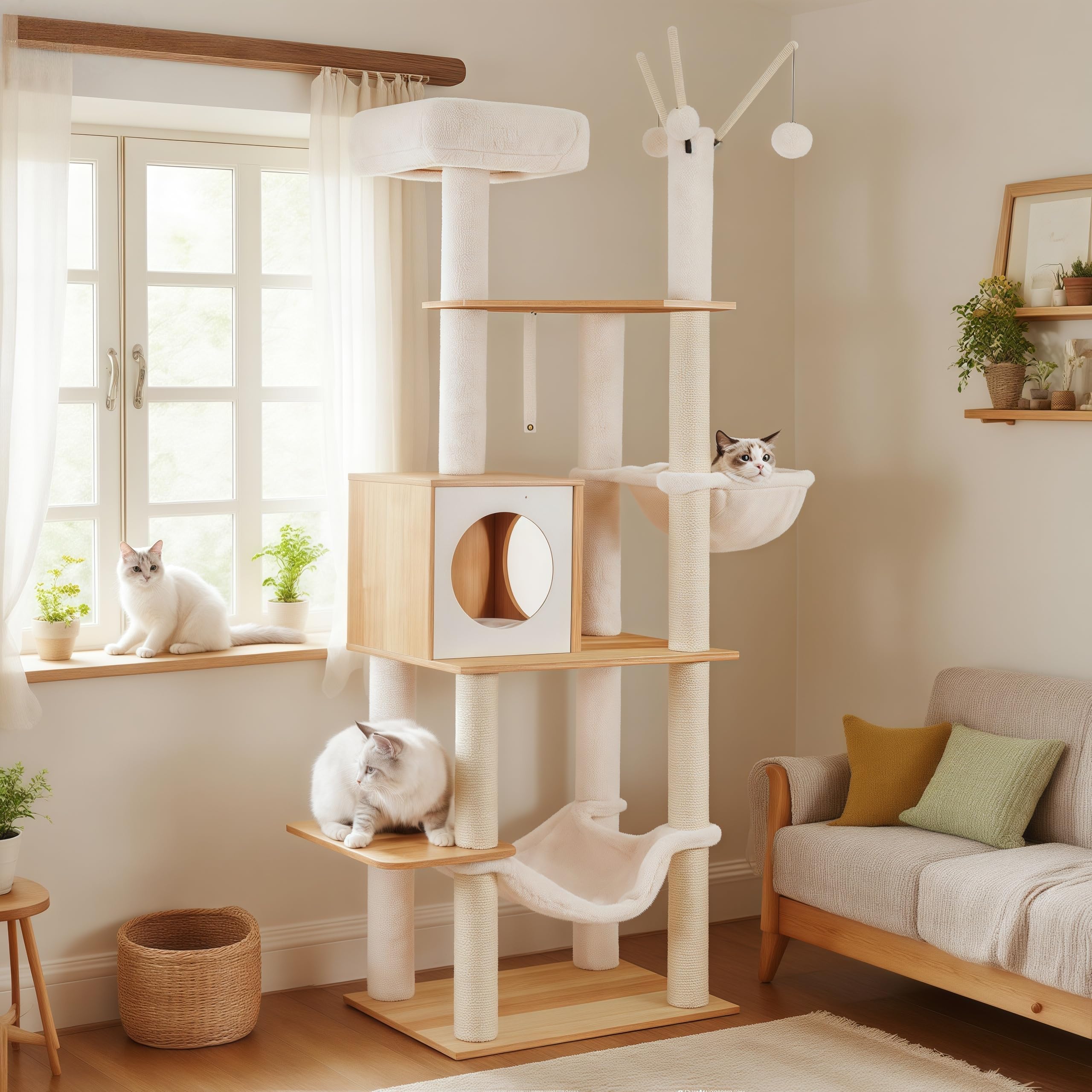 Hey-brother wooden cat tree base in living room for stylish indoor lounging