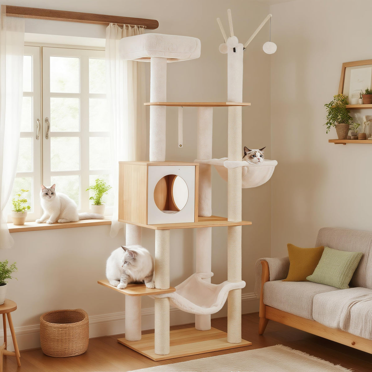 Hey-brother wooden cat tree base in living room for stylish indoor lounging