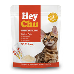 Hey Chu Squeezable Treats front packaging shows 96 tubes for quick grab-and-go snacking.