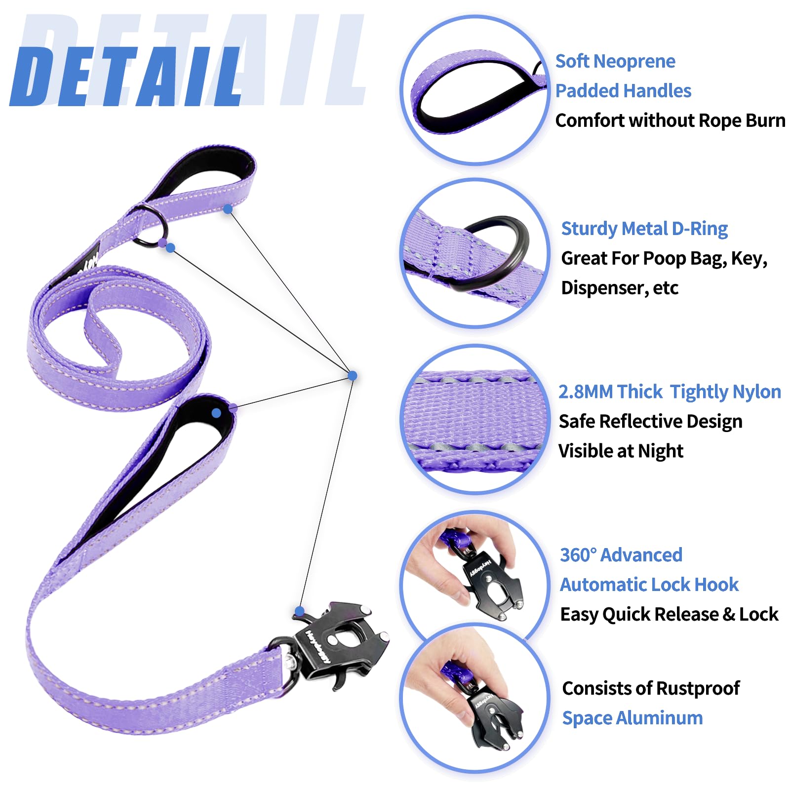 Heydoggy reflective stitching on leash at night improves visibility for safe walks