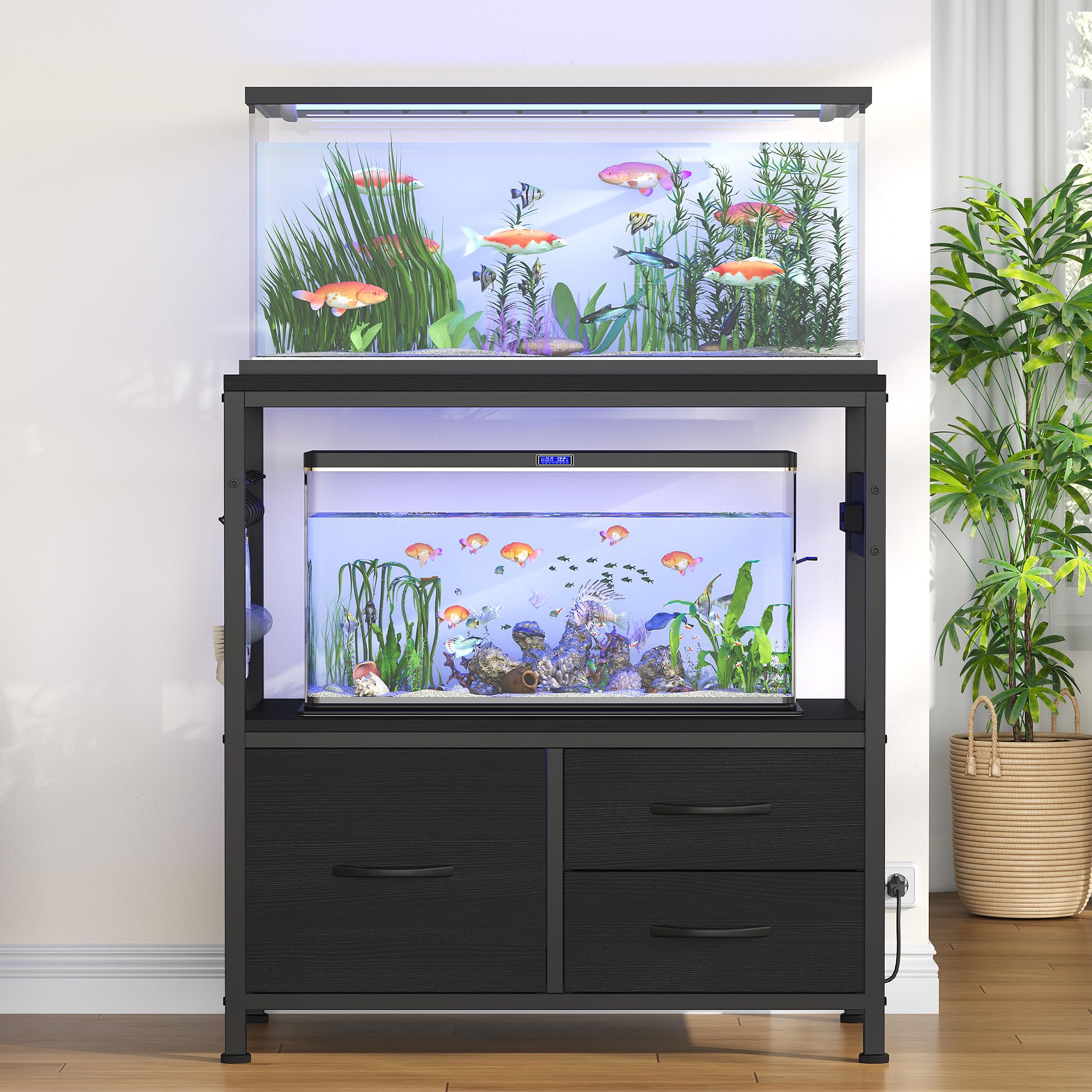 Heybly aquarium stand dimensions top view emphasizes compact footprint and roomy storage