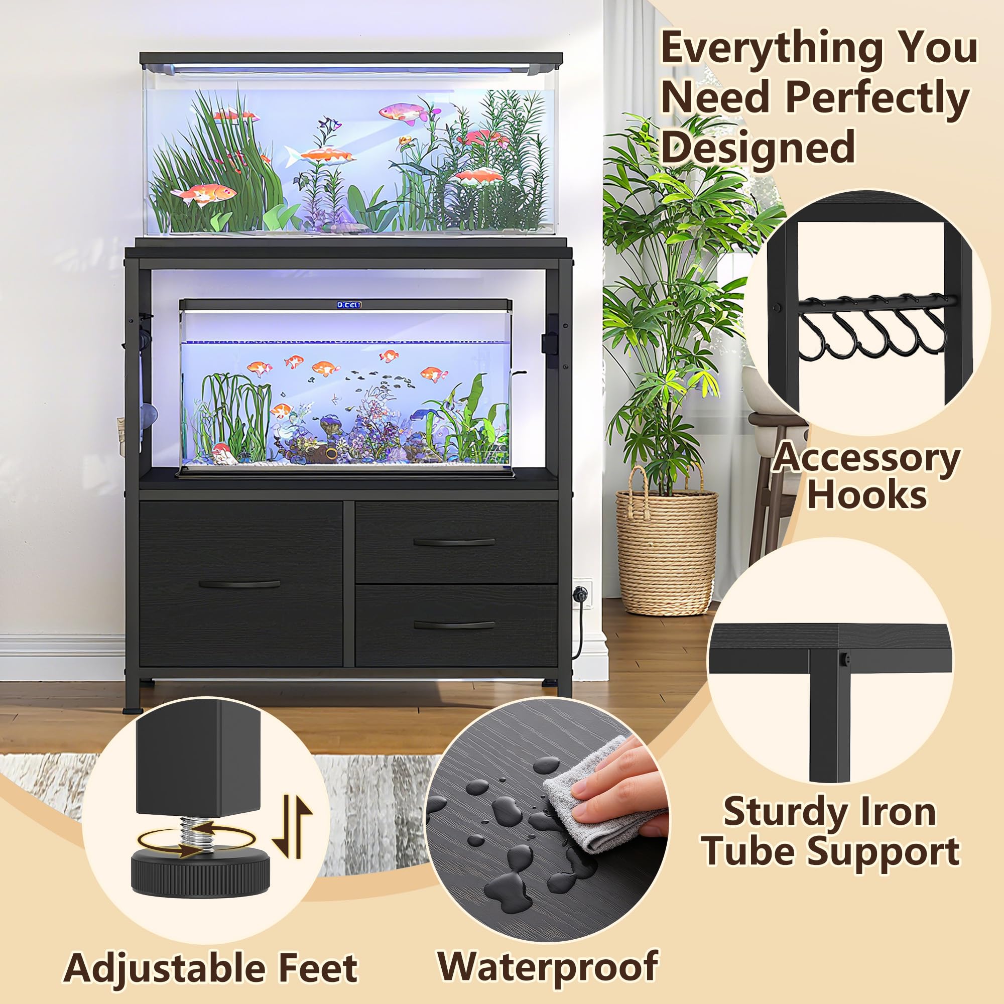 Heybly aquarium stand USB ports closeup enables easy device charging