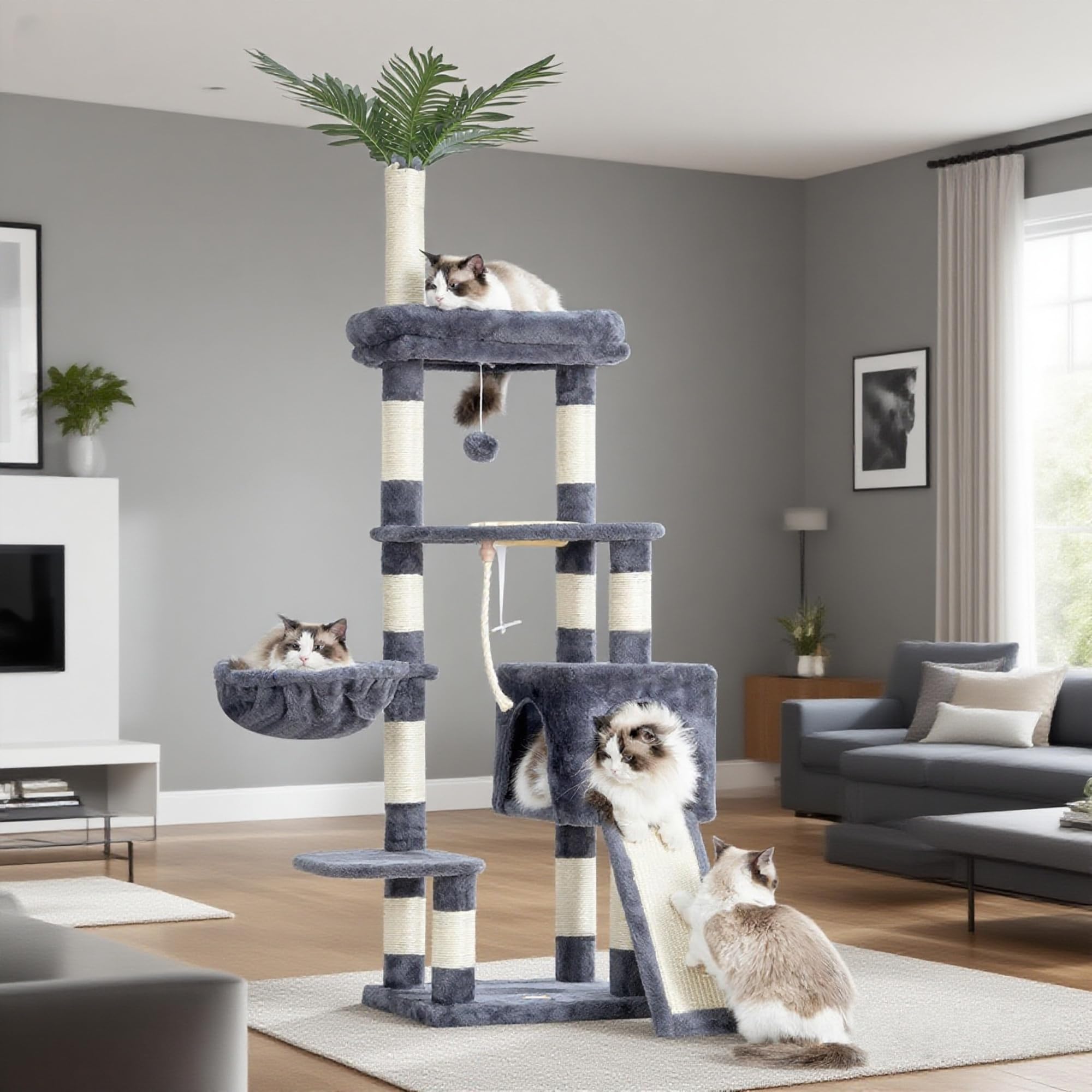Heybly cat tree 65-4-inch level perches offer climbing fun and elevated viewing spots.