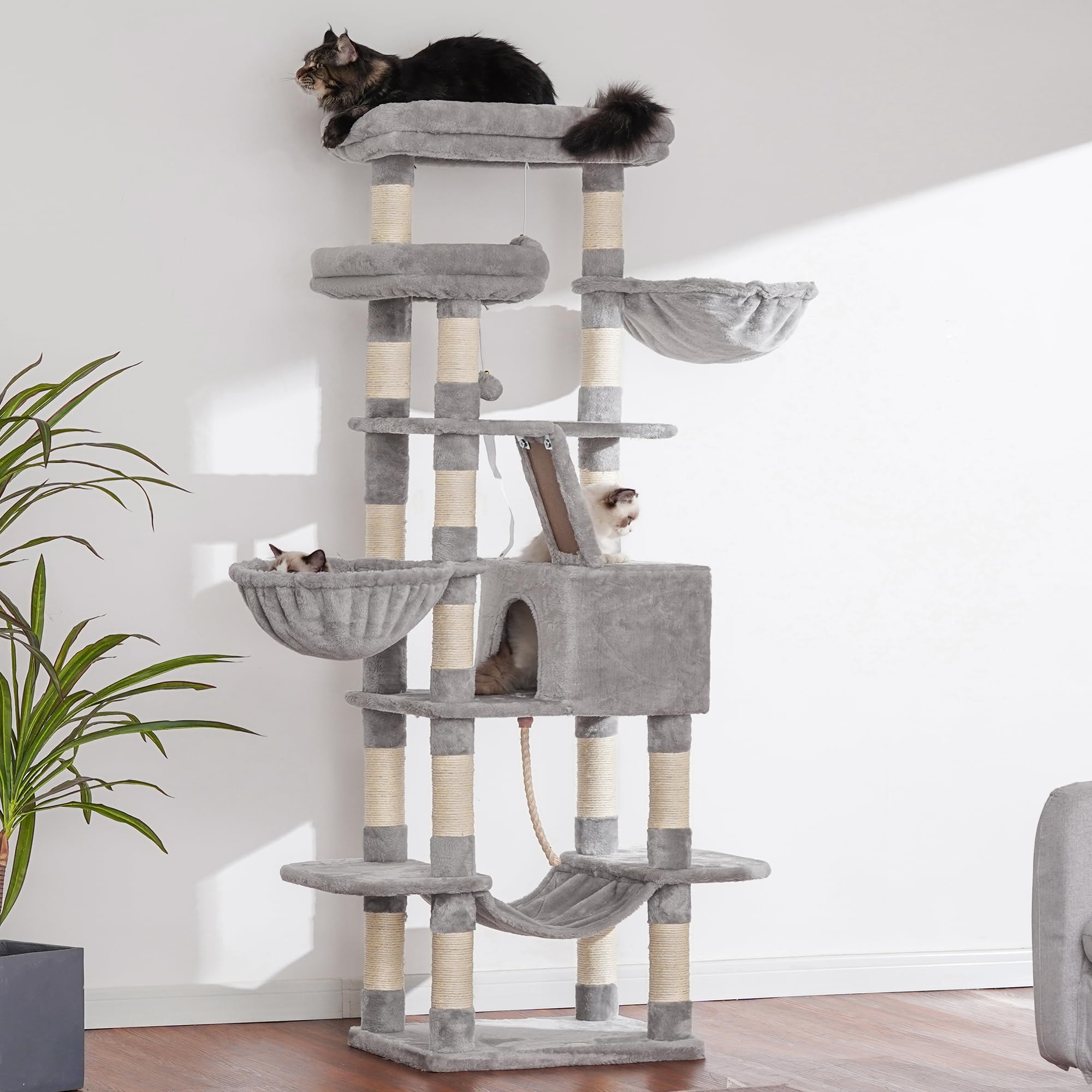 Heybly cat tree 68-inch height enables multi-level play and rest zones