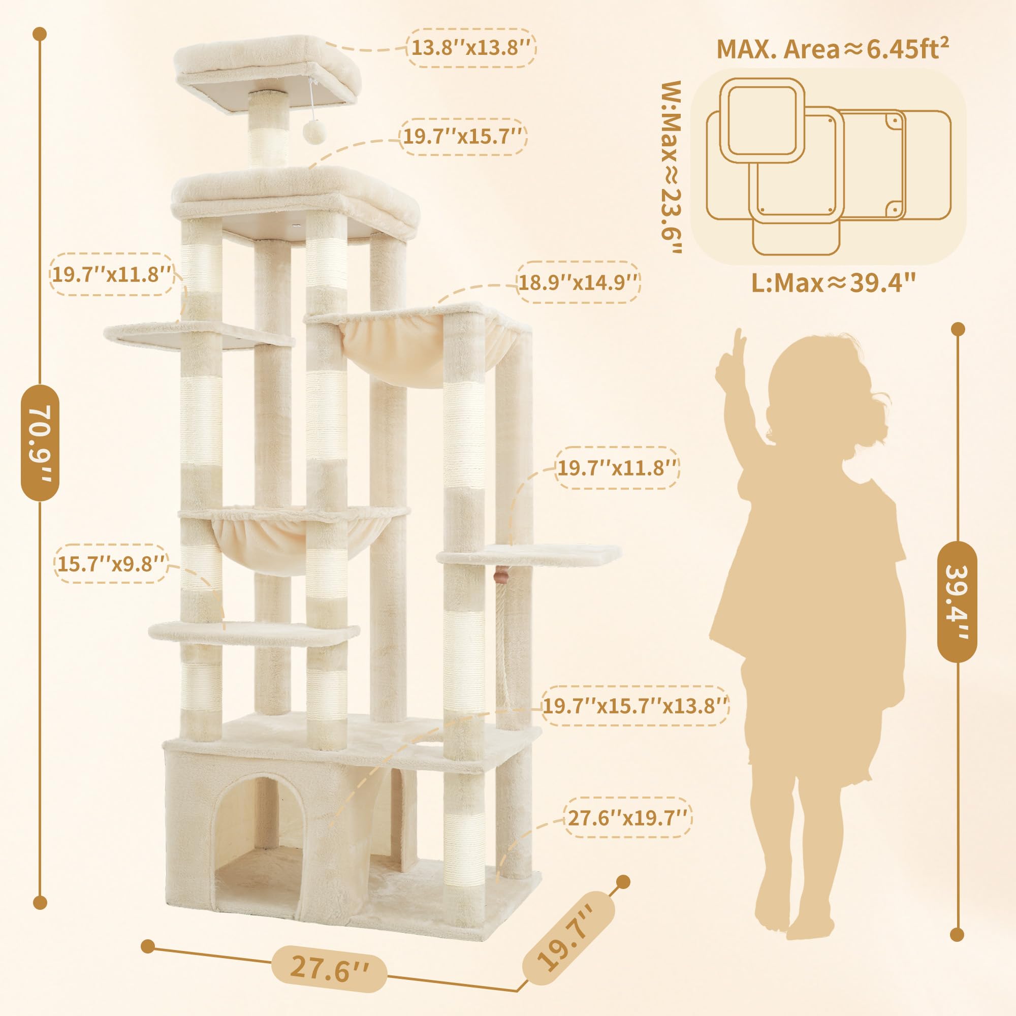 Heybly Cat Tree 71-inch height supports vertical climbing and surveying the room.