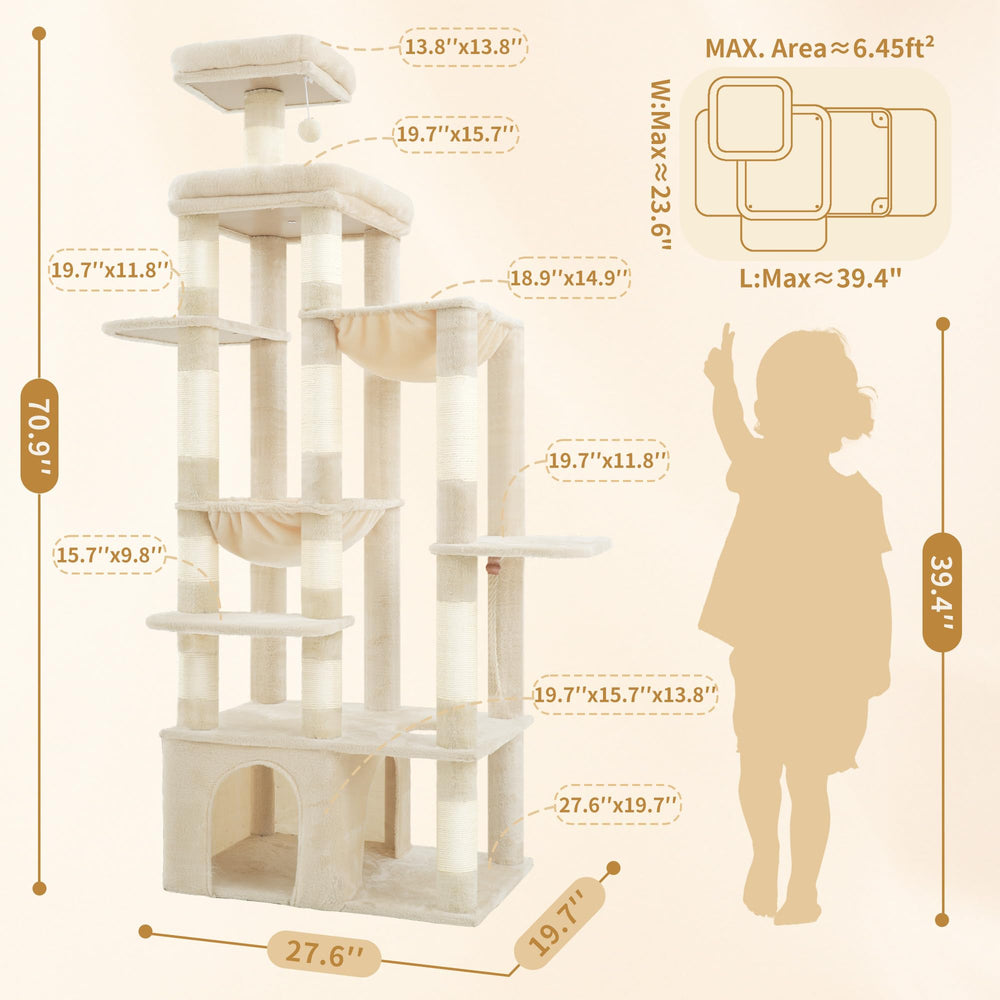 Heybly Cat Tree 71-inch height supports vertical climbing and surveying the room.