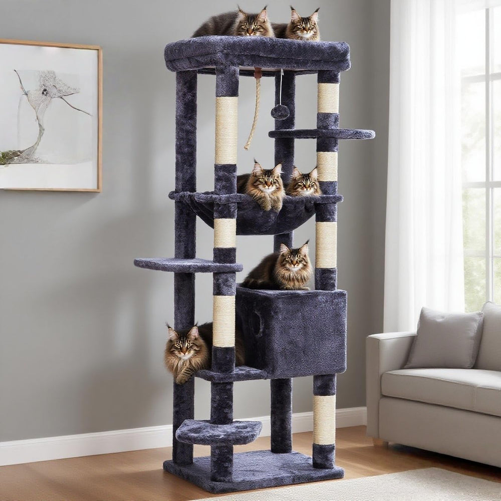 Heybly cat tree cozy basket area provides a safe, wrapped sleeping spot