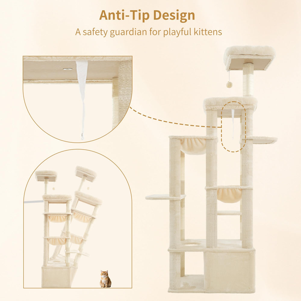 Heybly Cat Tree beige finish blends with home decor and adds warmth.