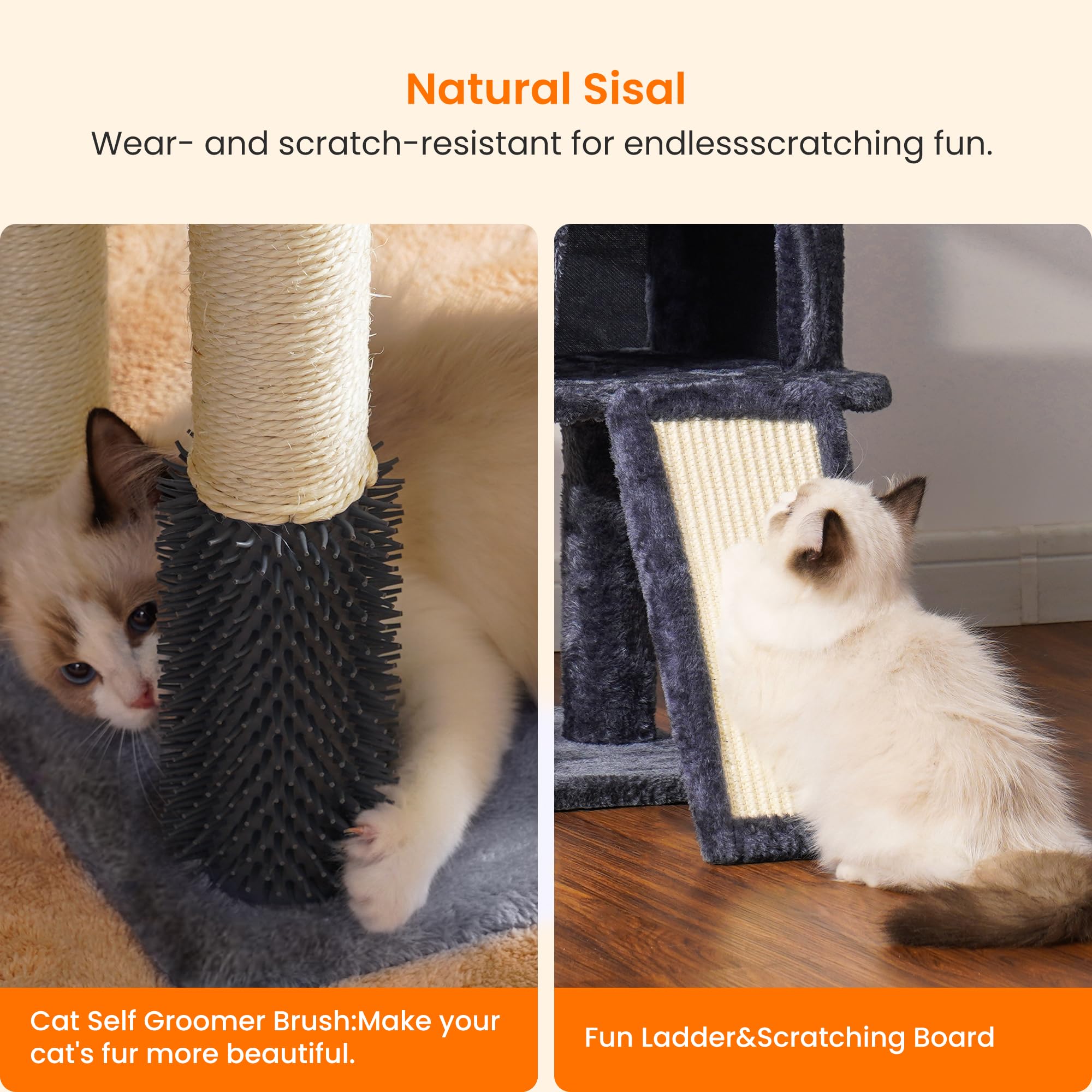Heybly cat tree cat house post shows a safe hiding spot and scratching outlet.