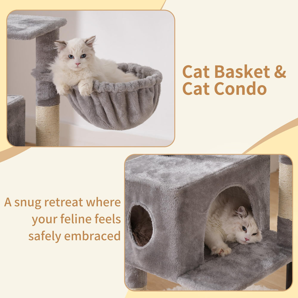 Heybly cat tree cozy hammock encourages lounging after play.