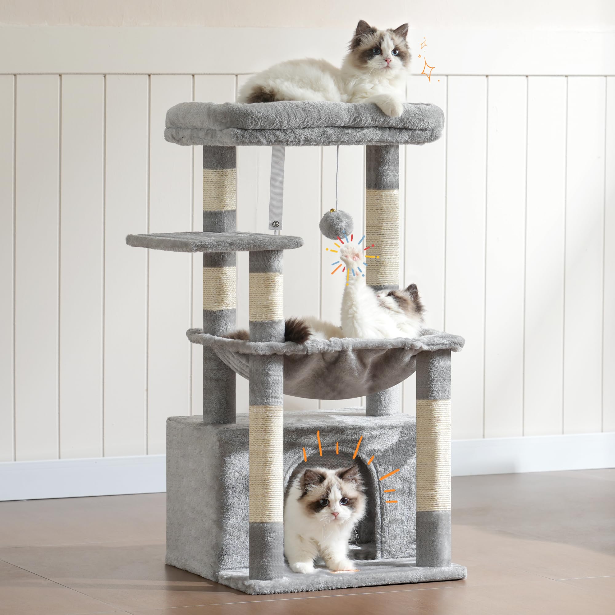 Heybly Cat Tree dangling ball encourages interactive play.