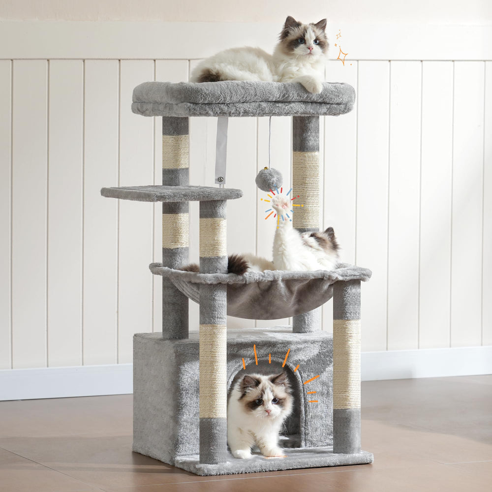 Heybly Cat Tree dangling ball encourages interactive play.