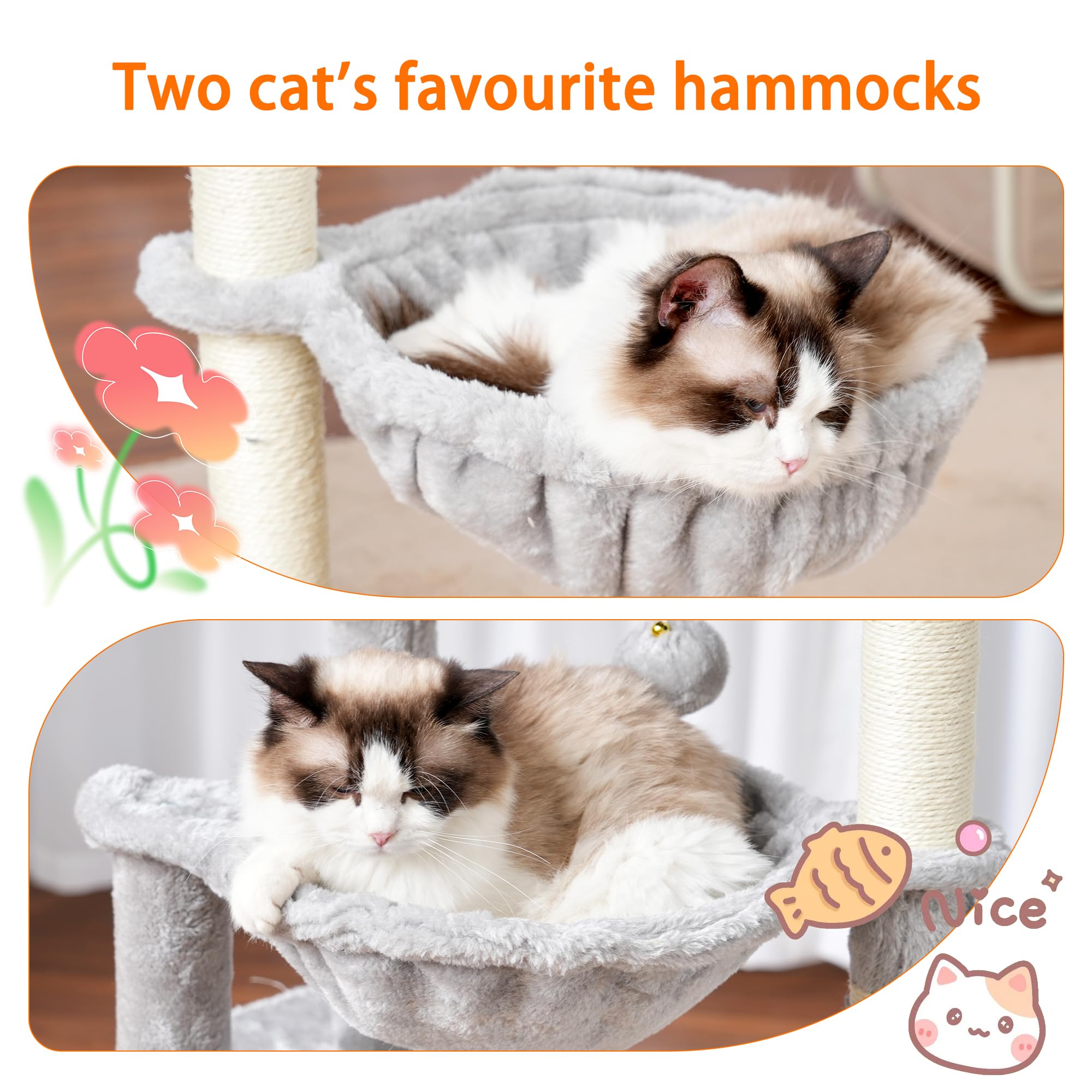 Heybly cat tree dangling balls offer interactive enrichment and curiosity-fueling entertainment.