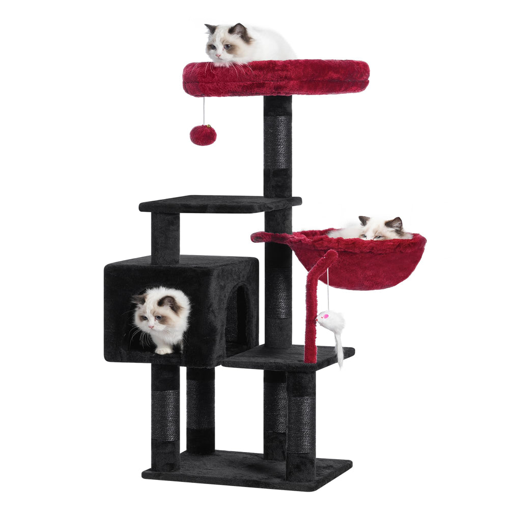 Heybly Cat Tree front view highlights sturdy stacked levels for safe indoor exploration.