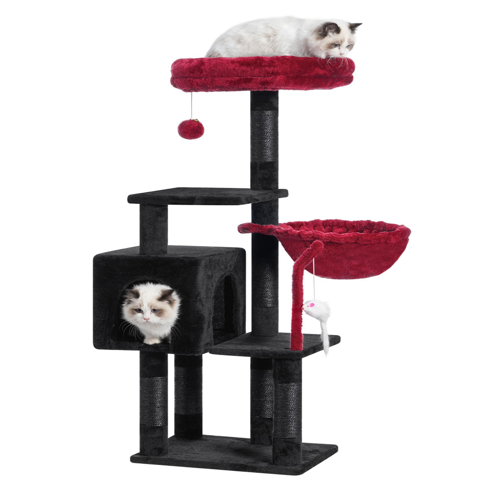 Heybly Cat Tree in-use shows indoor cats enjoying climbing and lounging together.