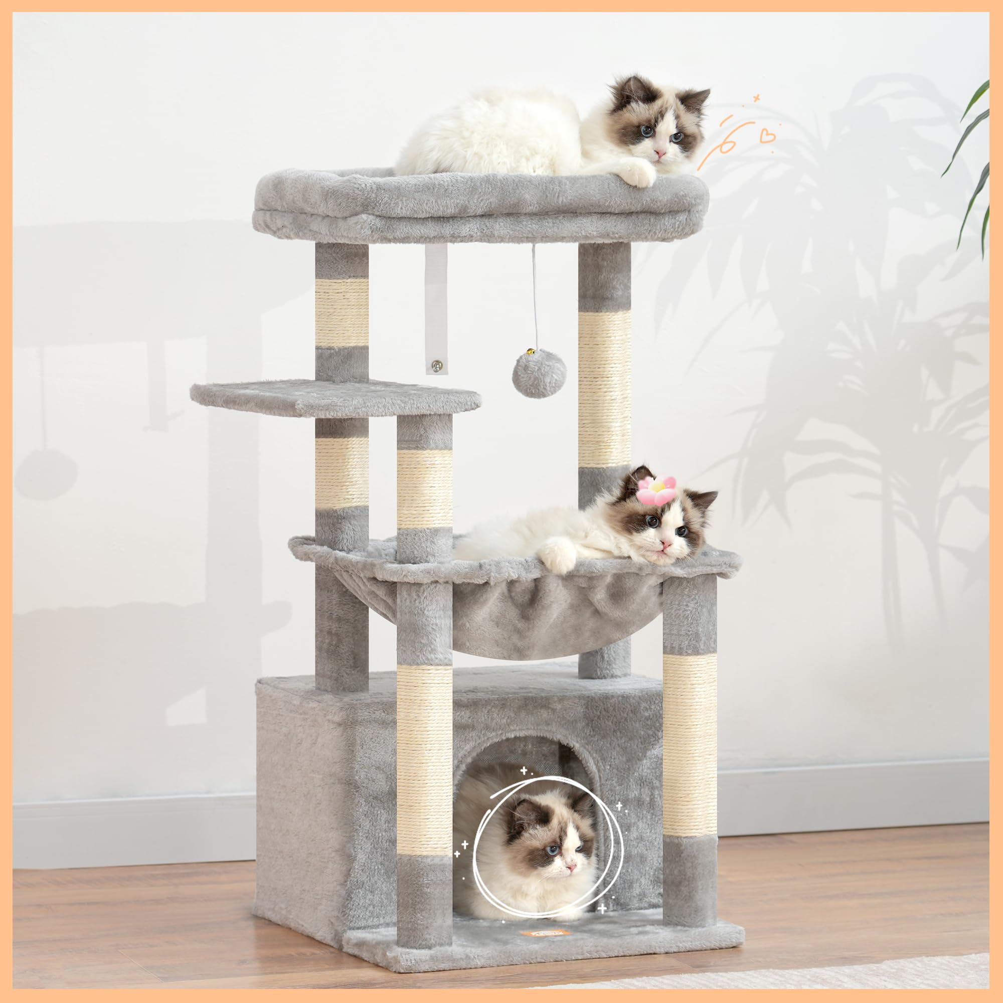 Heybly Cat Tree light gray finish fits modern homes.