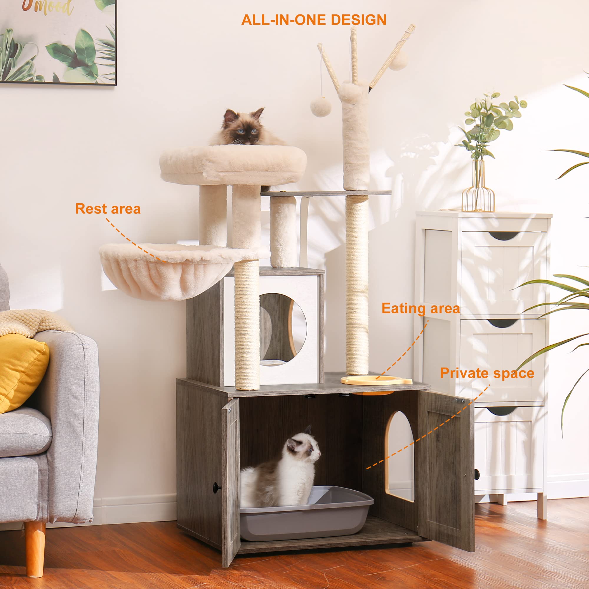 Heybly Cat Tree litter box cabinet keeps litter hidden and odors contained.