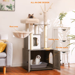 Heybly Cat Tree litter box cabinet keeps litter hidden and odors contained.