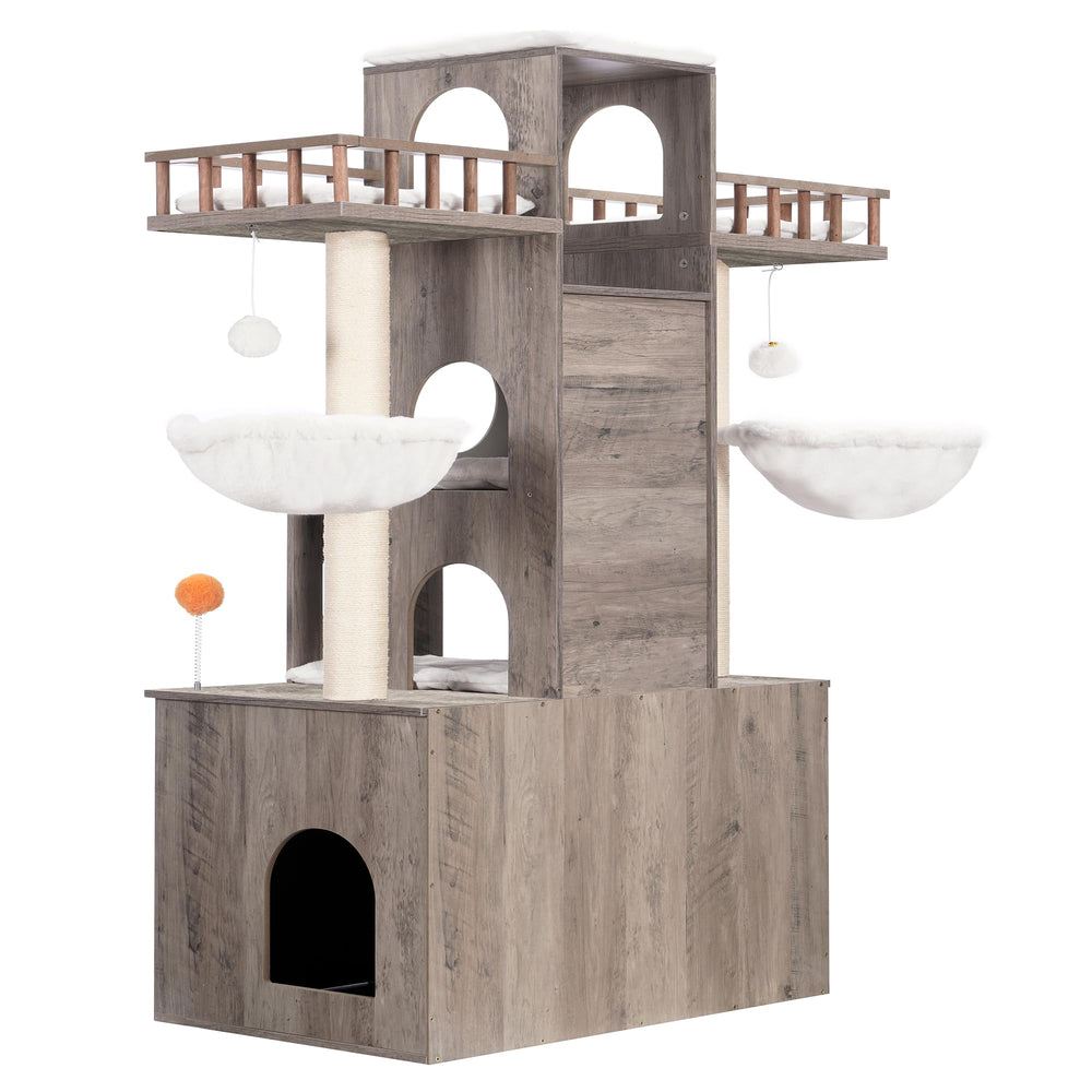 Heybly cat tree litter box enclosure keeps a private washroom and helps hide litter.