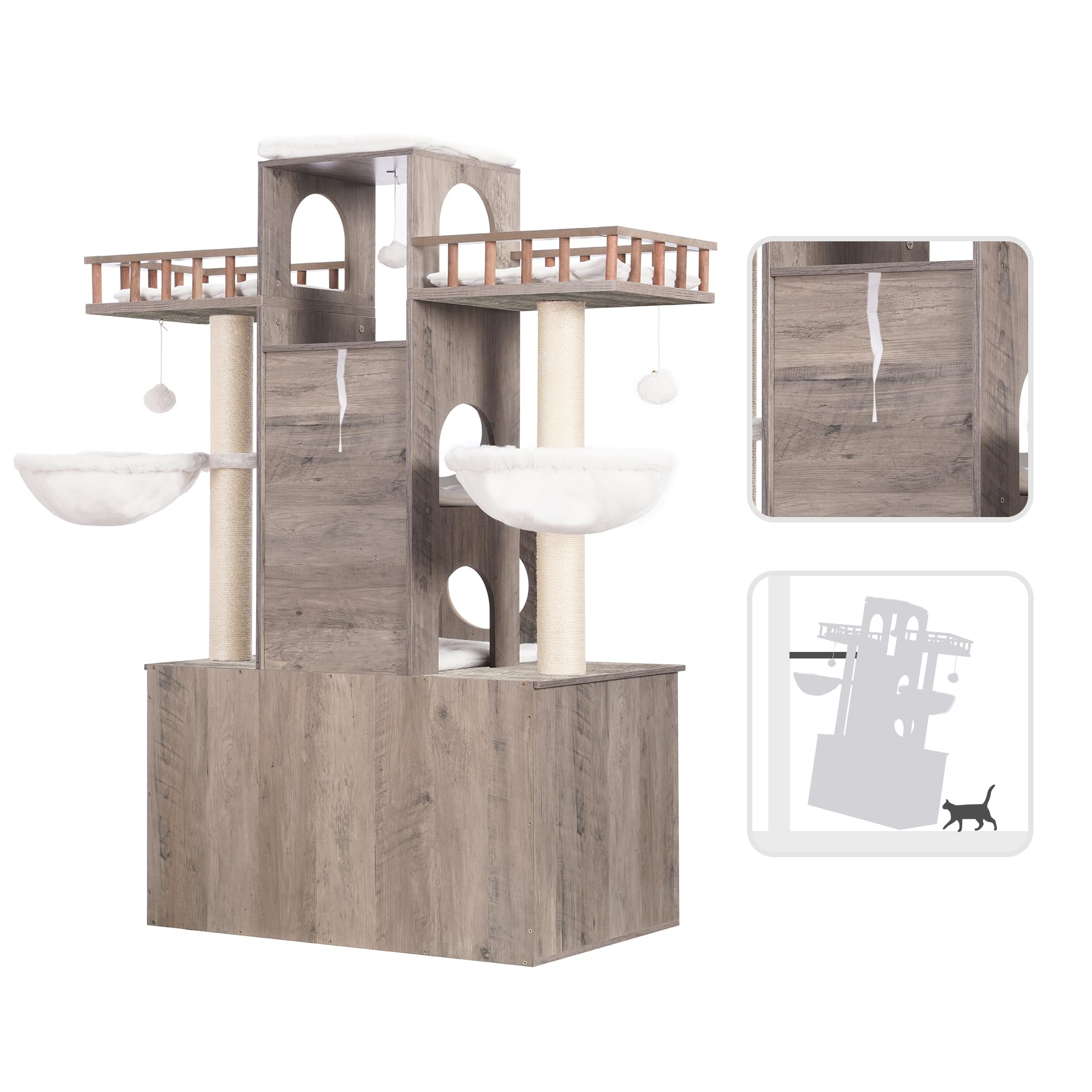 Heybly cat tree magnetic doors seal the litter area and aid odor control.