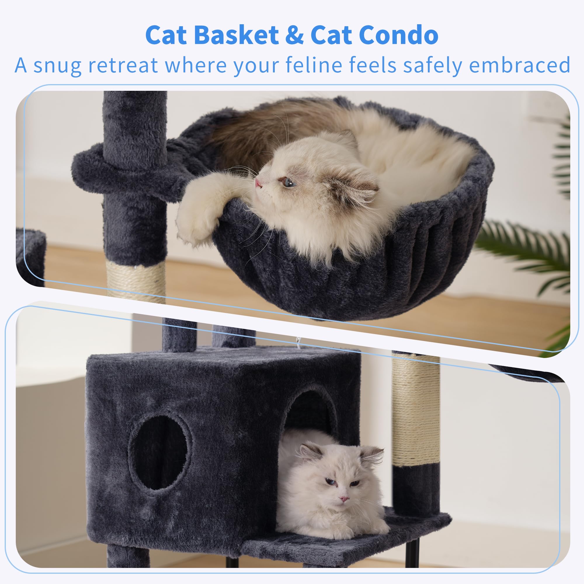 Heybly cat tree plush top platform adds a comfy lookout.
