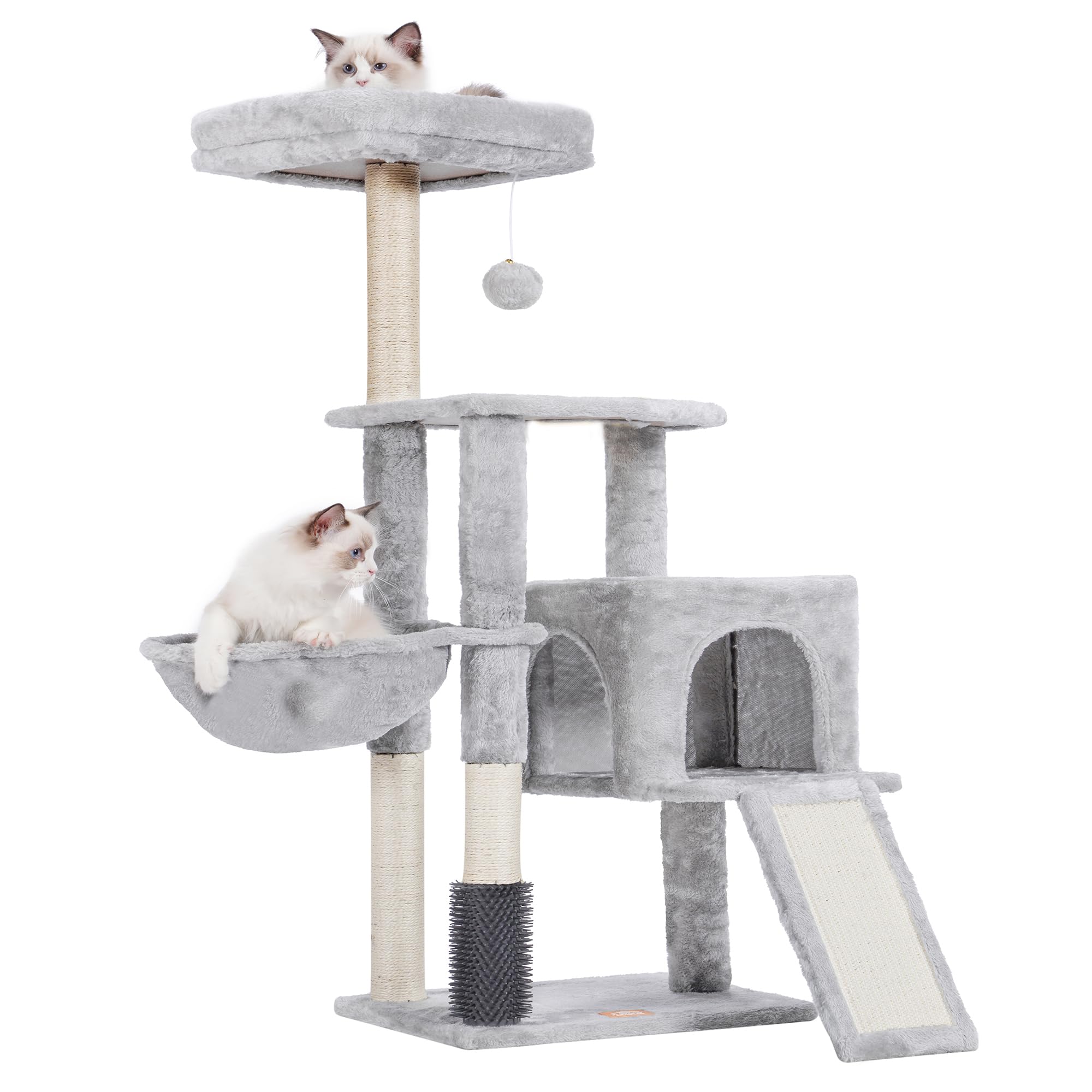 Heybly cat tree with self-groomer brush offers a gentle massage and hair collection.