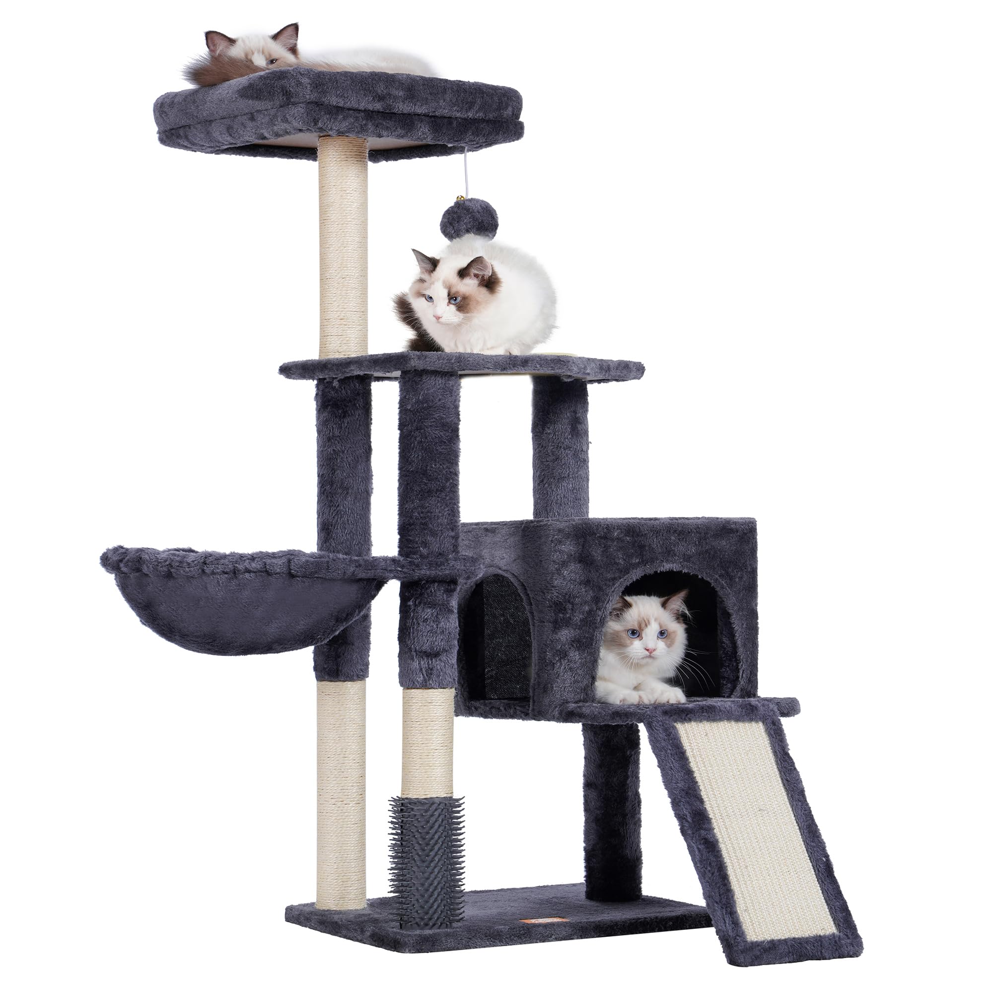 Heybly cat tree self-groomer brush provides gentle massage and hair collection.