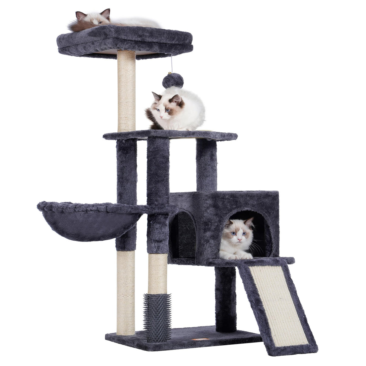 Heybly cat tree self-groomer brush provides gentle massage and hair collection.